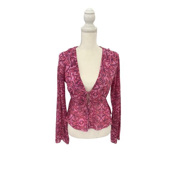 NWT Wild Fable Pink Geometric Print Tie Front Long Sleeve Chiffon Top Size Small - Picture 3 of 14